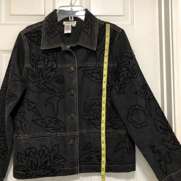 Coldwater Creek Cotton Embroidered Beaded Buttoned Pockets Black Denim Jacket MP - Picture 12 of 13
